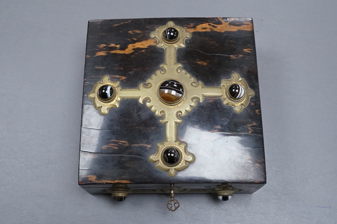 A Victorian Coromandel, brass and agate mounted games compendium, containing bezique and whist markers bone counters and inset ivory indicators, box 19cm x 19cm CITES Submission reference 3DY474P3